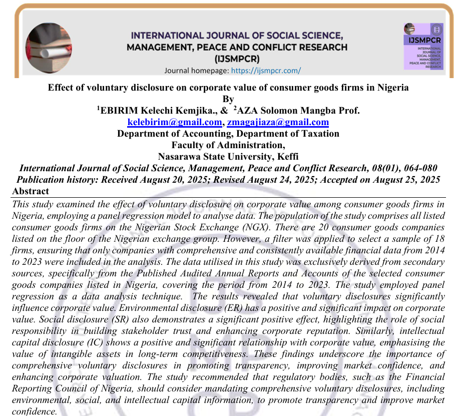 					View Vol. 8 No. 01 (2025): Effect of voluntary disclosure on corporate value of consumer goods firms in Nigeria
				