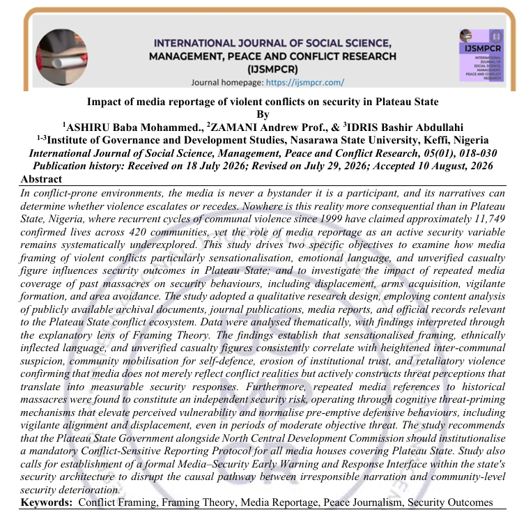 					View Vol. 5 No. 01 (2026): Impact of media reportage of violent conflicts on security in Plateau State 
				