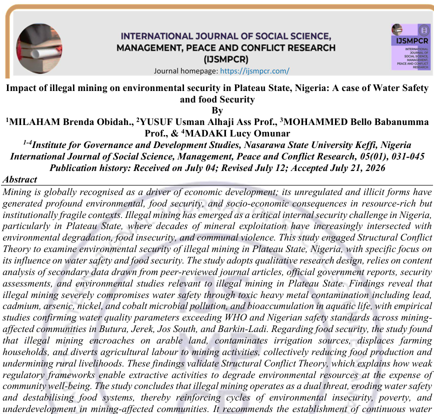 					View Vol. 5 No. 01 (2026): Impact of illegal mining on environmental security in Plateau State, Nigeria: A case of Water Safety and food Security 
				