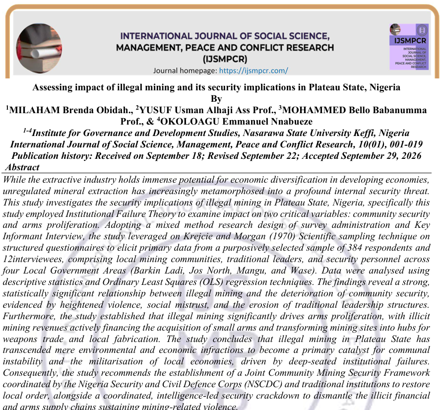 					View Vol. 10 No. 01 (2026): Assessing impact of illegal mining and its security implications in Plateau State, Nigeria 
				